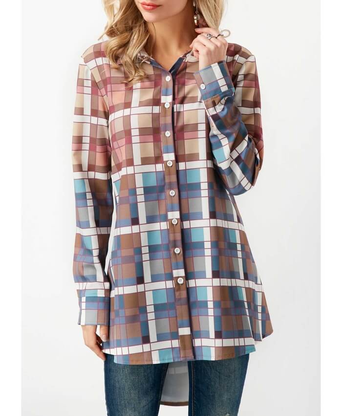 Button Up Plaid Print Asymmetric Hem Blouse